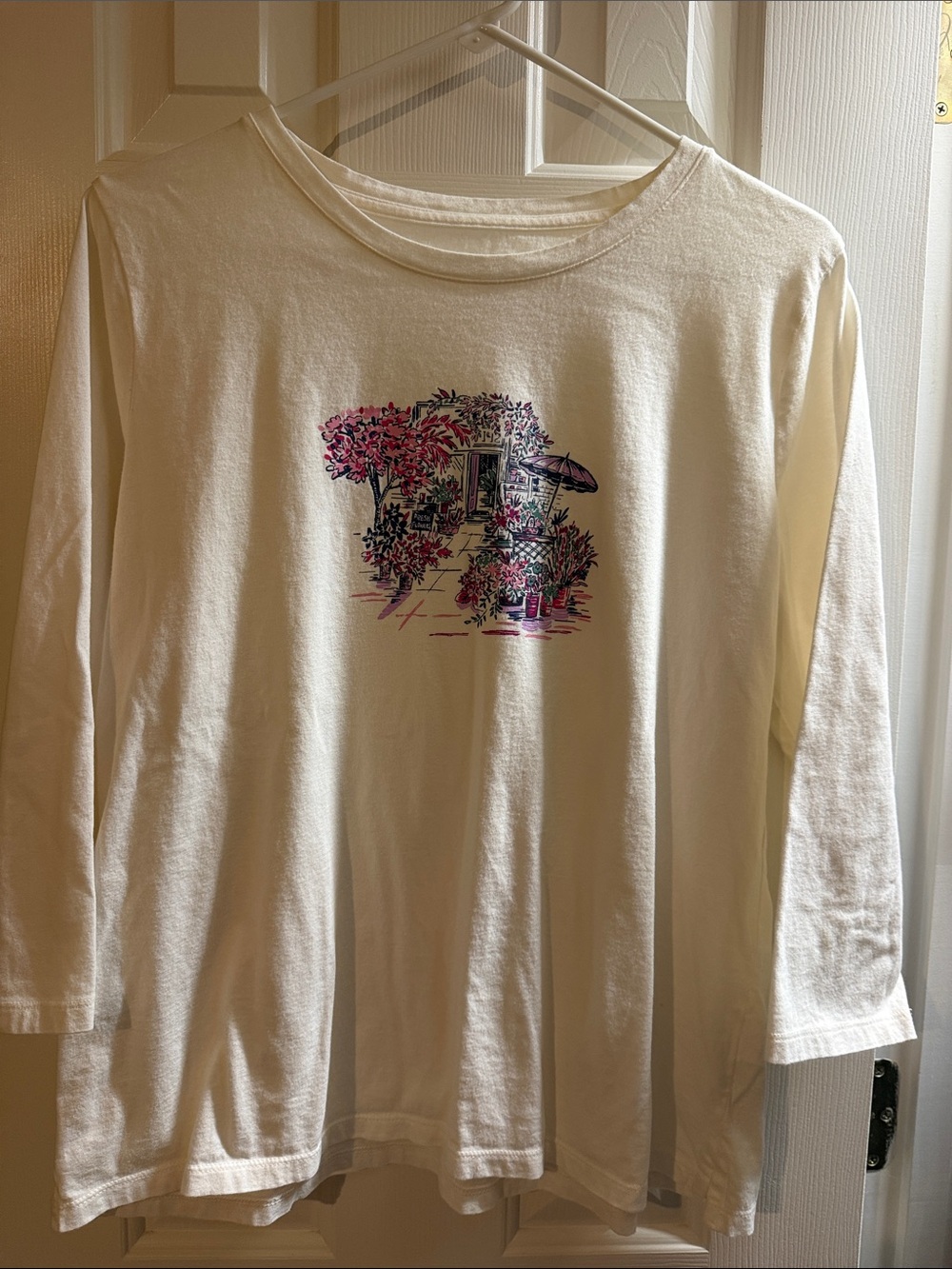 Talbots Cream Long-Sleeve Tee with Pink and Black Garden Graphic